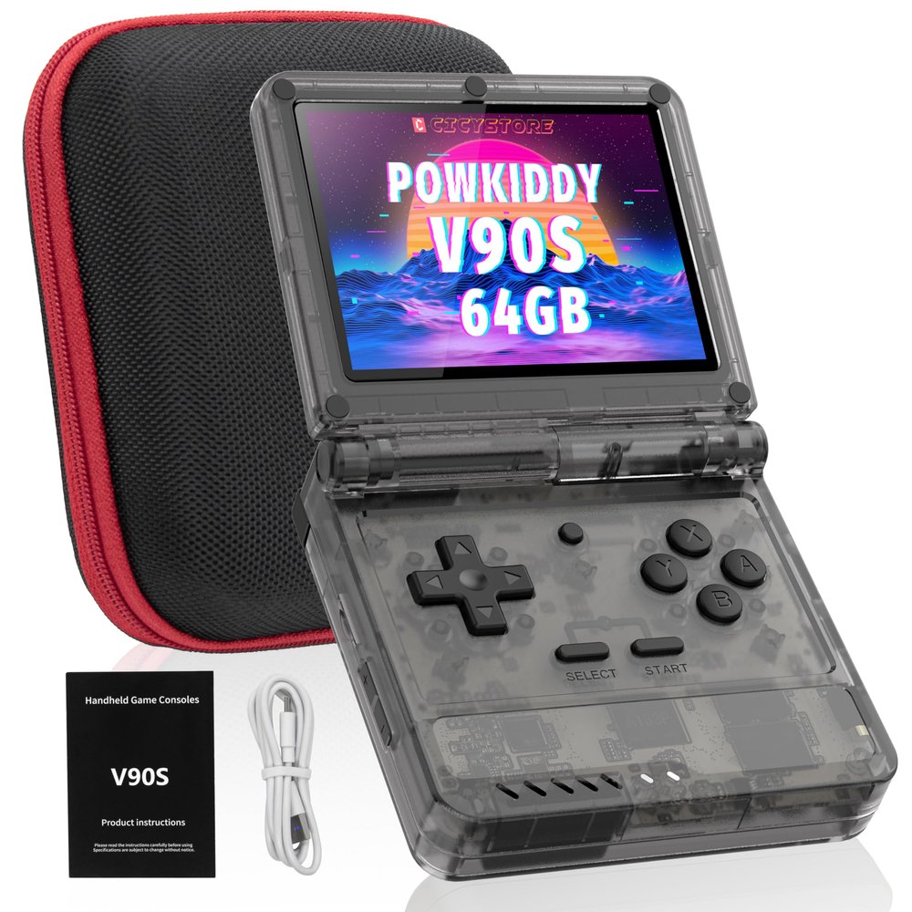 Powkiddy V90S Retro Handheld, 10,000+ Games, 3.5" IPS, Dual TF & Foldable