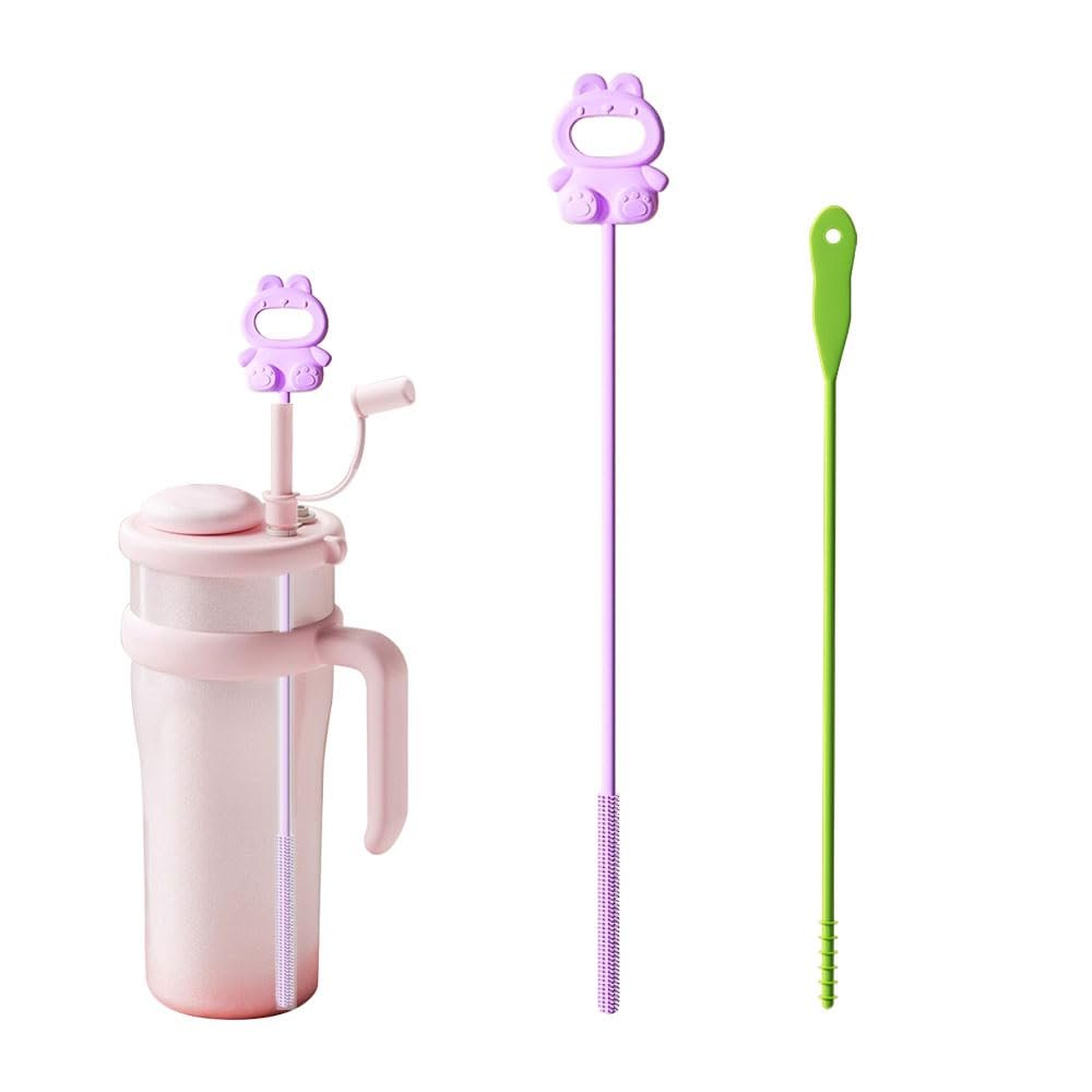 2 Pack Straw Cleaning Brush Set, Reusable Silicone Straw Cleaner Brushes Extra Long, Soft Bristles Fits 2.510mm Metal Glass Straws (Purple)