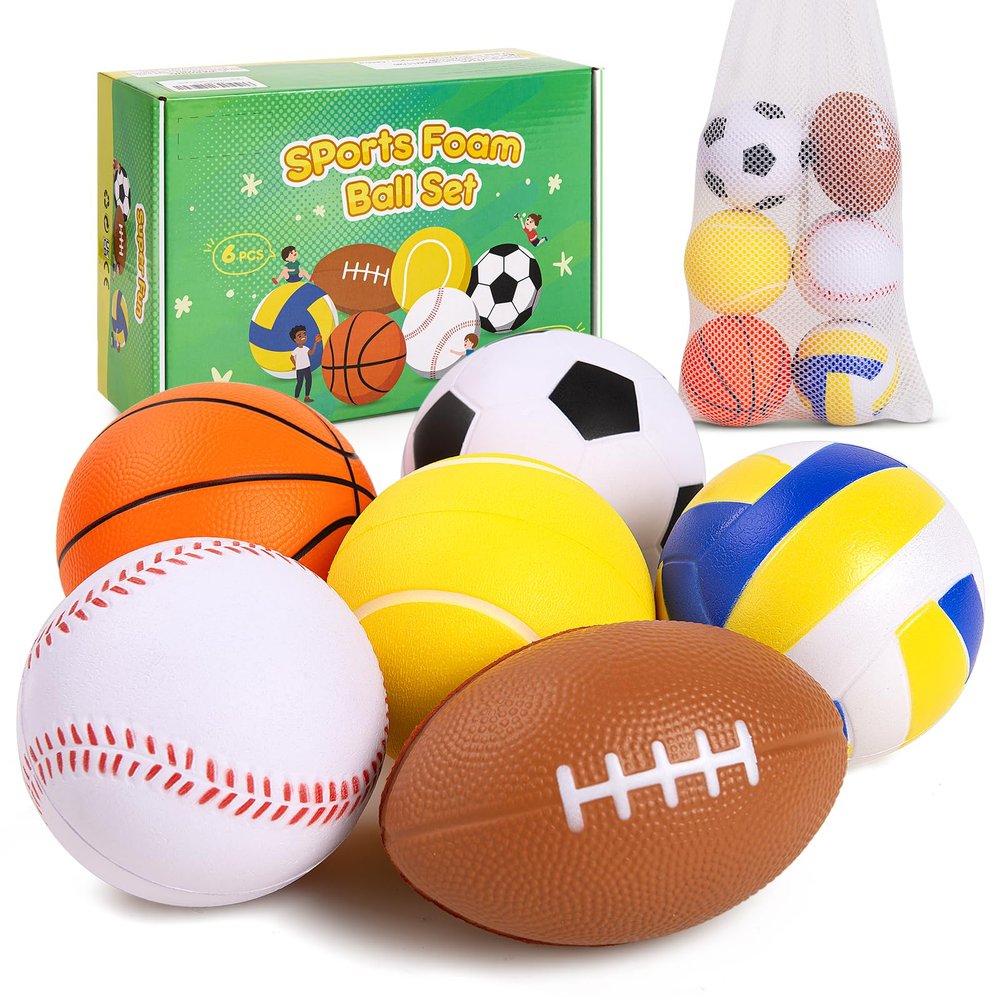 PlayZap 6 Pack Balls for Toddlers Kids, Foam Soft Balls Set, 3.5" Small Soccer Basketball Baseball Football Volleyball Tennis, Indoor Outdoor Sports Toys Gifts for Boys Girls