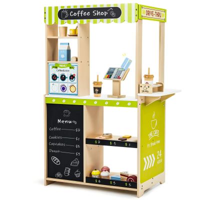 Frogprin 24 Pcs Pretend Play Coffee Shop, Kids Grocery Store Set, Wooden Drive-Thru Window, Coffee Maker, Oven, Cash Register, Bakery Toys Food Accessories Gift for Boys Girls 3+ Years Old