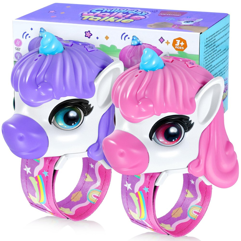 Vvinca Walkie Talkies for Kids 2 Pack, Unicorn Gifts for 3 4 5 6 7 8 Year Old Girl, Anti-Loss Wrist Watch Toys for Toddlers, Long Range Camping Gear and Outdoor Birthday Present (Pink and Purple)