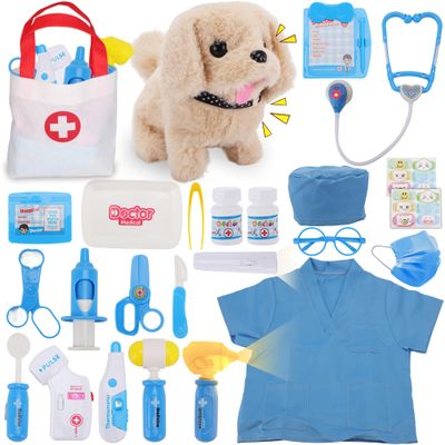 TEUVO Toy Doctor Kit for Girls, Pretend Play Doctor Set with Dog Toy, Carrying Bag, Stethoscope, Dress Up Costume, Toys Doctor Play Birthday Gift for Kids Toddlers 1 2 3 4 5 6 7 Year Old for Role Play