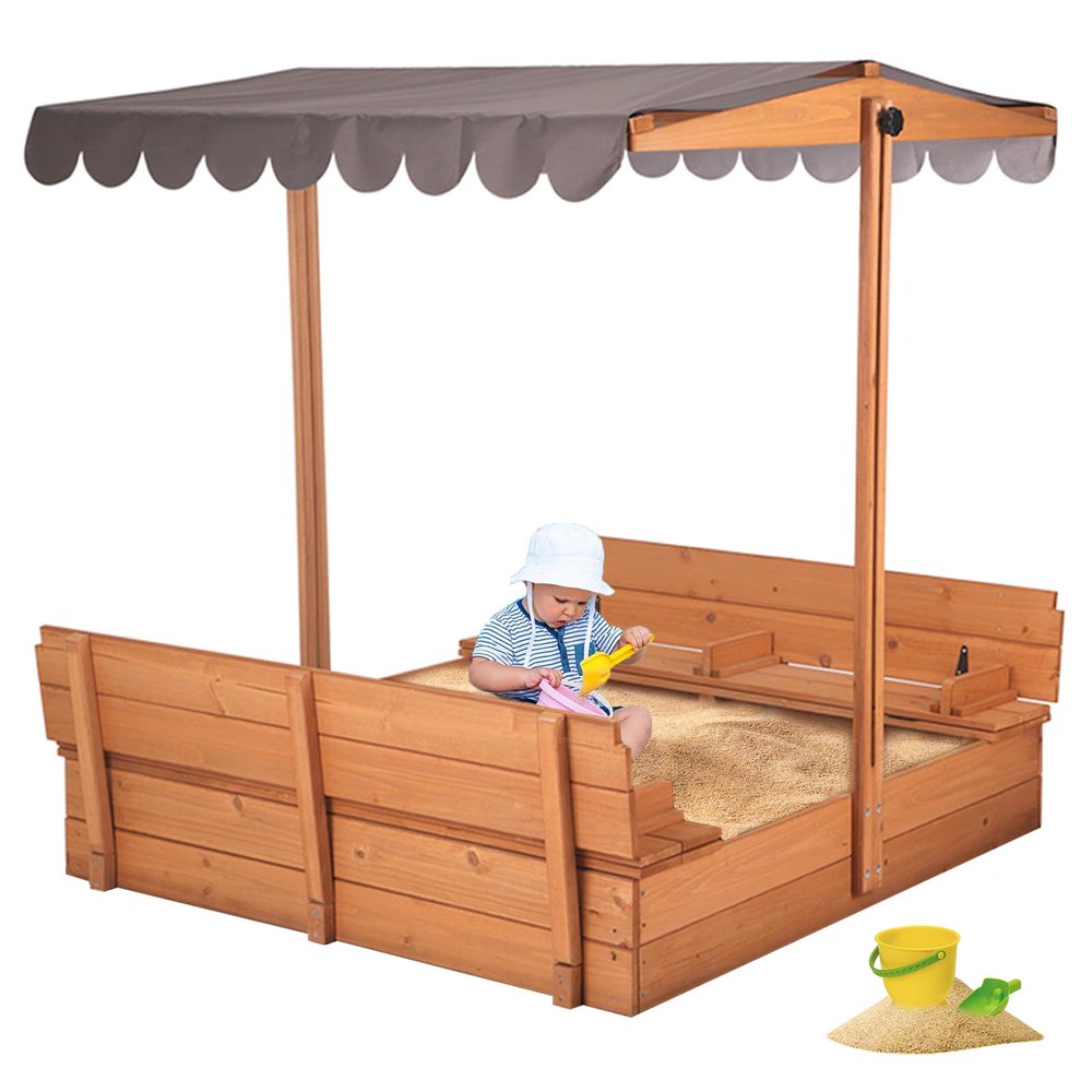 Aivituvin Kids Sand Boxes with Lid and Canopy, Outdoor Sandboxes with Cover, Foldable Bench Seats, Retractable Roof, Sand Table for Kids Ages 4-8 (Brown)