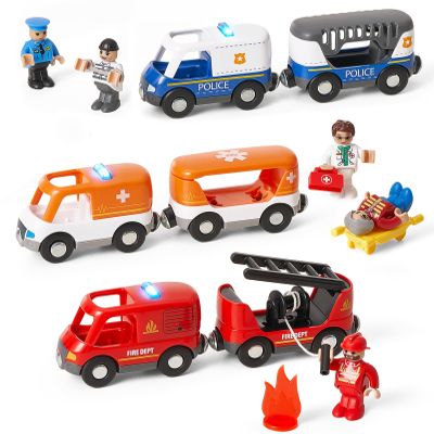 Giant bean 6pcs Magnetic Rescue Train Car Set with Sound & Light 3 in1 Police, Fire & Ambulance Emergency Vehicles, Magnetic Coupling with Action Figures Accessories, STEM Play Toy for Kids 3+