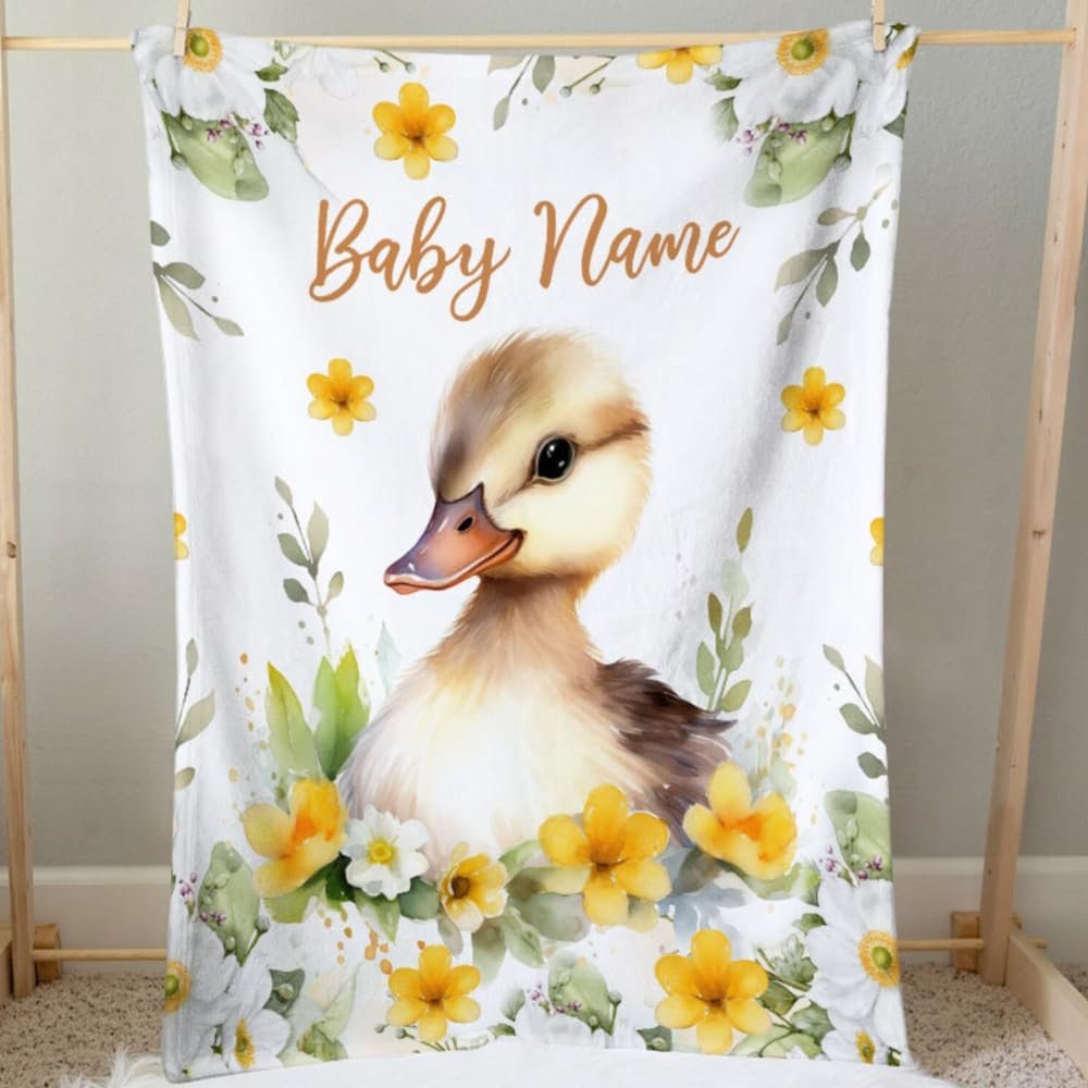 L&NG Customize Baby Blanket with Name, Personalized Cute Duck Baby Blankets, Ducks Nursery Baby Blanket, Girl Duck Baby Blankets, New Baby Gift, Personalized Crib