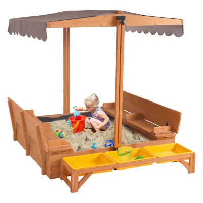 Aivituvin Kids Sand Boxes with Lid and Canopy, Outdoor Sandboxes with Cover, Foldable Bench Seats, Retractable Roof, Sand Table for Kids Ages 4-8 (Brown with Toy Bins)
