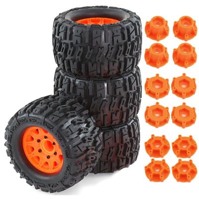 125mm 1/10 RC Monster Truck Rubber Tire Plastic Wheel Rim set 12mm and 14mmHEX Fits 1/10 RC Monster Truck HSP HPI HIMOTO Arrma Redcat AMORIL Summit Tamiya Kyosho W198 (Orange)