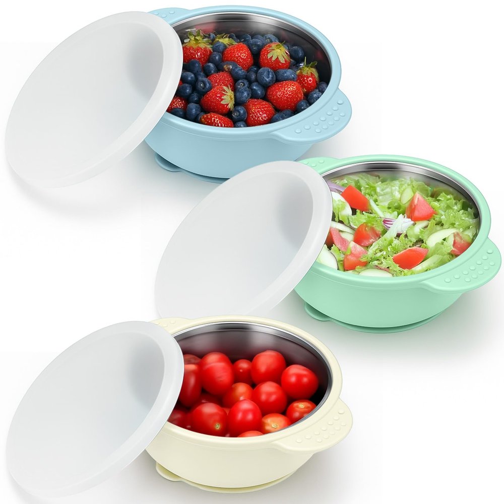 BUSOHA 3 Pack Stainless Steel Baby Bowls with Lid  2-in-1 Toddler Feeding Bowl Heat-Resistant Spill-Proof Plate Suction Bowls for Kids Baby Toddler Food Feeding