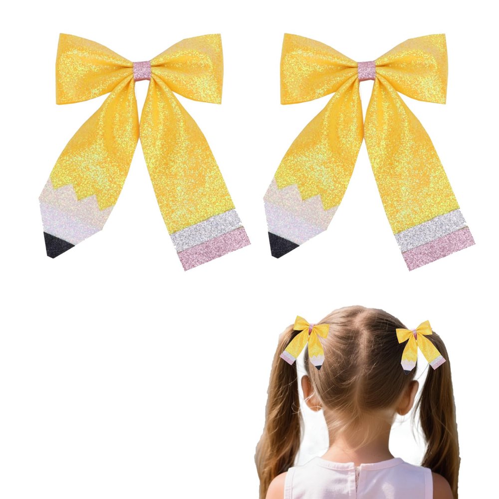 2Pcs Back to School Pencil Bows for Girls,Glitter Yellow Pencil Teacher Hair Bows Clips Back to School Hair Accessories for Girls Toddler Kids Kindergarten 1st 2nd 3rd 4th 5th Grade Hairpin