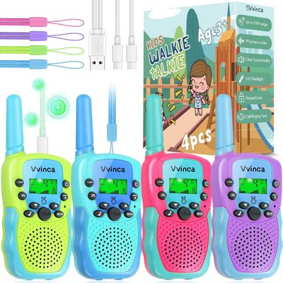 Vvinca Walkie Talkies for Kids Rechargeable 4 Pack, 3 Mile Walkie Talkie Long Range, Christmas Birthday Gift for Age 3-12 Boy Girl with Flashlight 22CH 2 Way Radio for Adventure Camping Outdoor Hiking