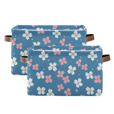 MNSRUU Storage Basket White Pink Cherry Blossom Collapsible Organizer Basket for Shelves with PU Handles, Decorative Waterproof Nursery Laundry Storage Cubes Bins, 2 Pack