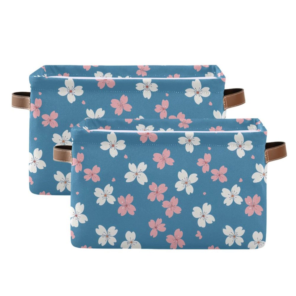 MNSRUU Storage Basket White Pink Cherry Blossom Collapsible Organizer Basket for Shelves with PU Handles, Decorative Waterproof Nursery Laundry Storage Cubes Bins, 2 Pack