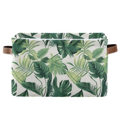 MNSRUU Storage Basket Monstera Pattern Collapsible Organizer Basket for Shelves with PU Handles, Decorative Waterproof Nursery Laundry Storage Cubes Bins, 1 Pack