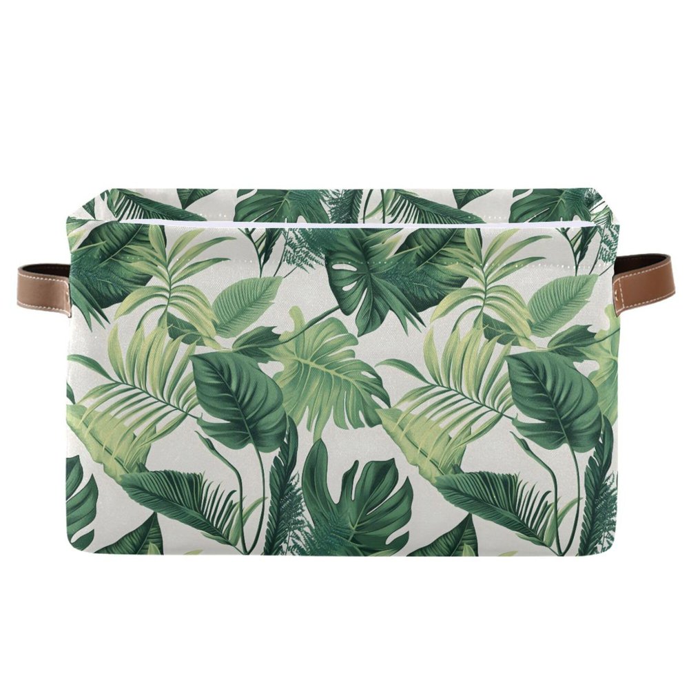 MNSRUU Storage Basket Monstera Pattern Collapsible Organizer Basket for Shelves with PU Handles, Decorative Waterproof Nursery Laundry Storage Cubes Bins, 1 Pack