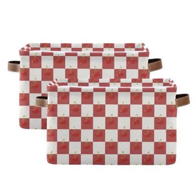 MNSRUU Storage Basket Smal Cherry Checked Collapsible Organizer Basket for Shelves with PU Handles, Decorative Waterproof Nursery Laundry Storage Cubes Bins, 2 Pack