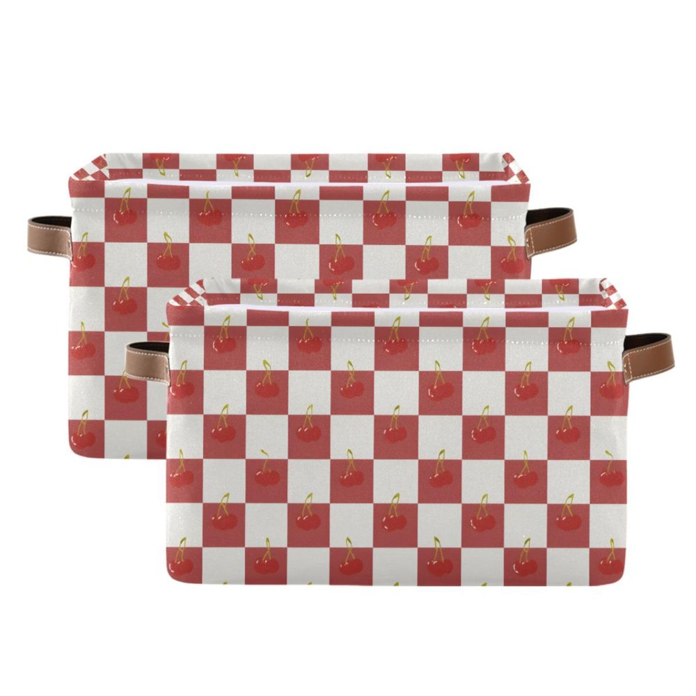 MNSRUU Storage Basket Smal Cherry Checked Collapsible Organizer Basket for Shelves with PU Handles, Decorative Waterproof Nursery Laundry Storage Cubes Bins, 2 Pack
