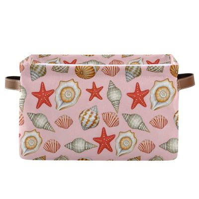 MNSRUU Storage Basket Conch Starfish Collapsible Organizer Basket for Shelves with PU Handles, Decorative Waterproof Nursery Laundry Storage Cubes Bins, 1 Pack