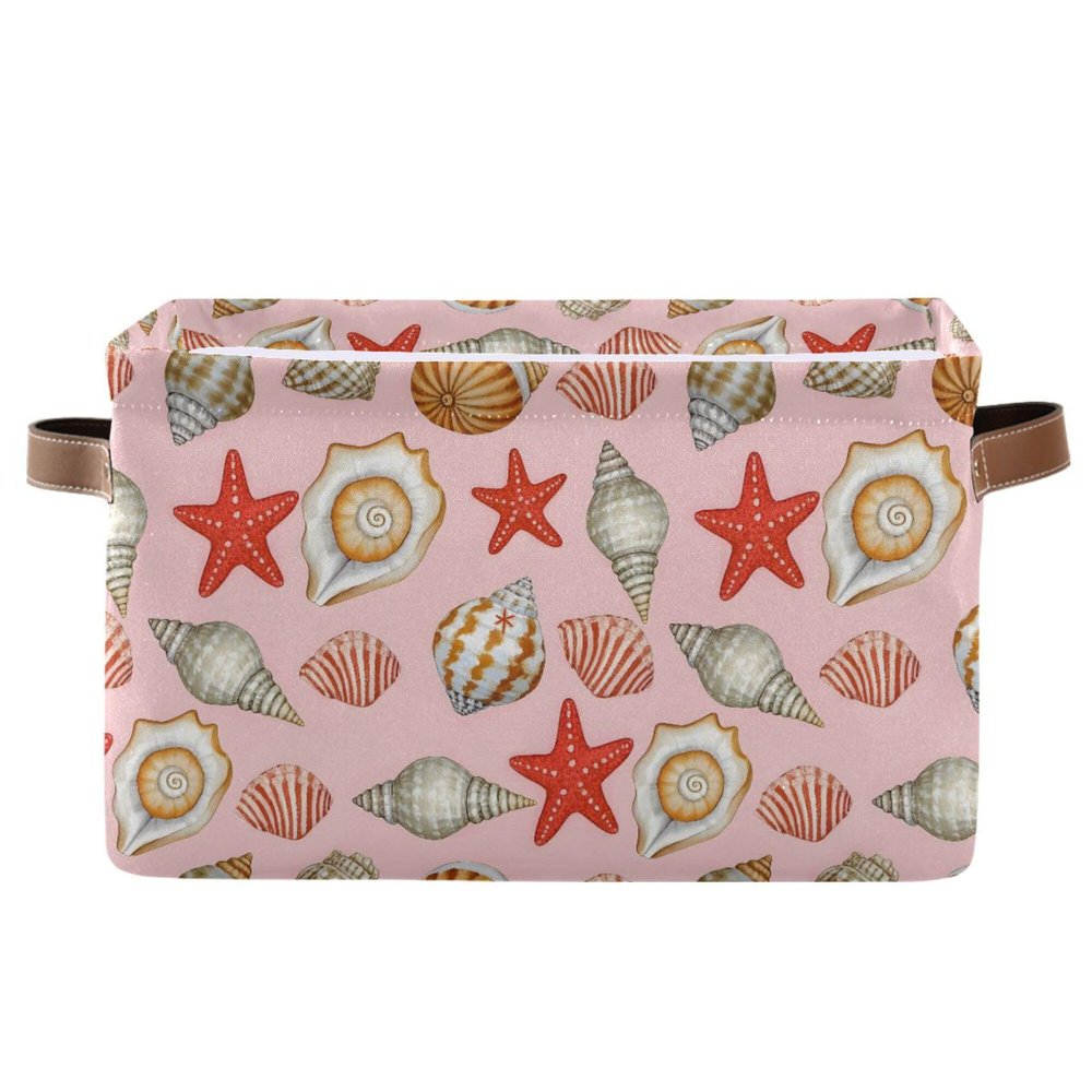 MNSRUU Storage Basket Conch Starfish Collapsible Organizer Basket for Shelves with PU Handles, Decorative Waterproof Nursery Laundry Storage Cubes Bins, 1 Pack