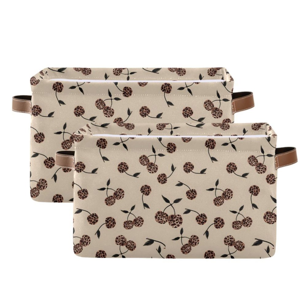 MNSRUU Storage Basket Leopard Cherry Collapsible Organizer Basket for Shelves with PU Handles, Decorative Waterproof Nursery Laundry Storage Cubes Bins, 2 Pack