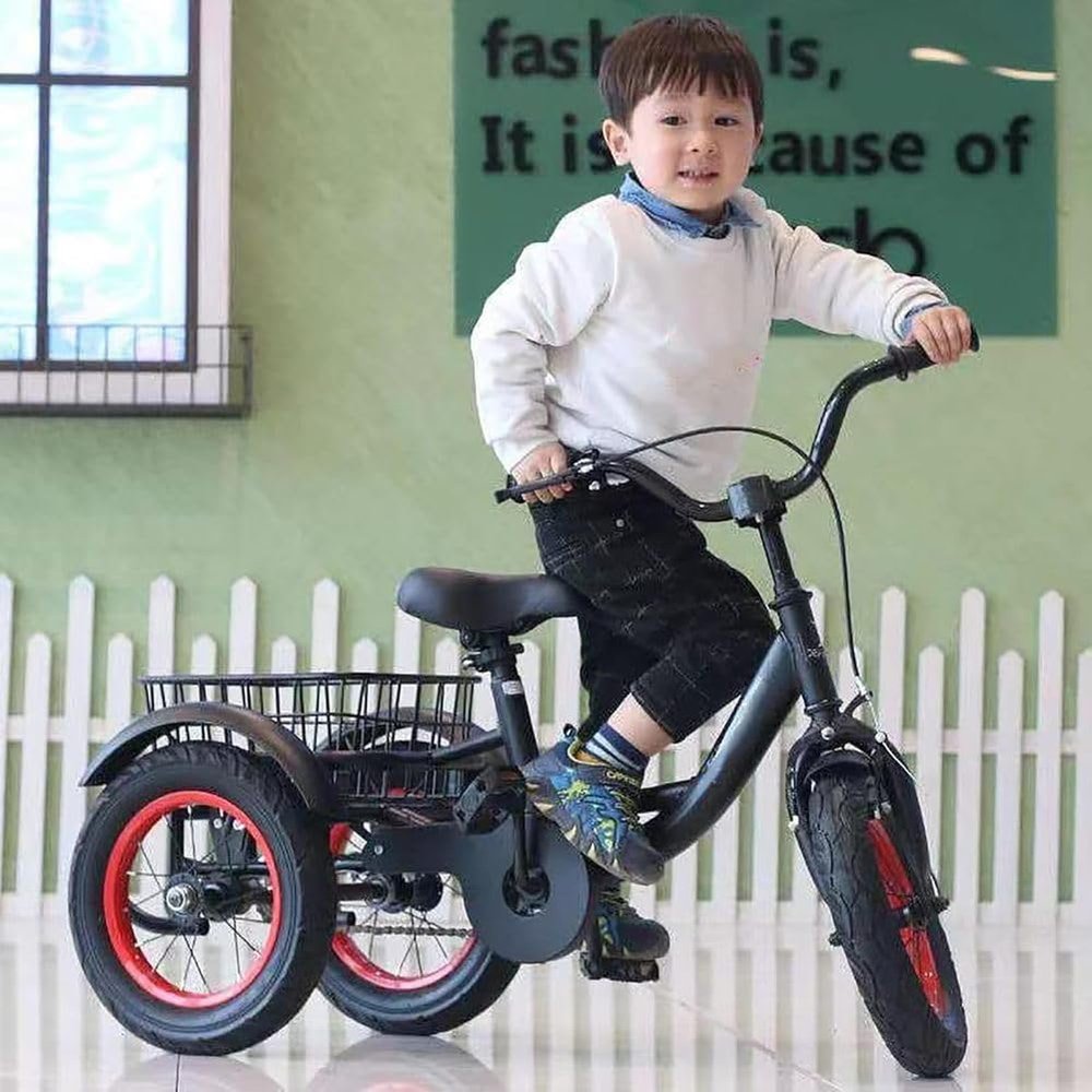 JIYIAN Kids Tricycle with Basket for 2-6 Years Old Heavy Duty 100KG Capacity, Inflatable Wheels High Carbon Steel Frame, Pedal Bike with Chain, Baby Stroller Push Ride-On,Black