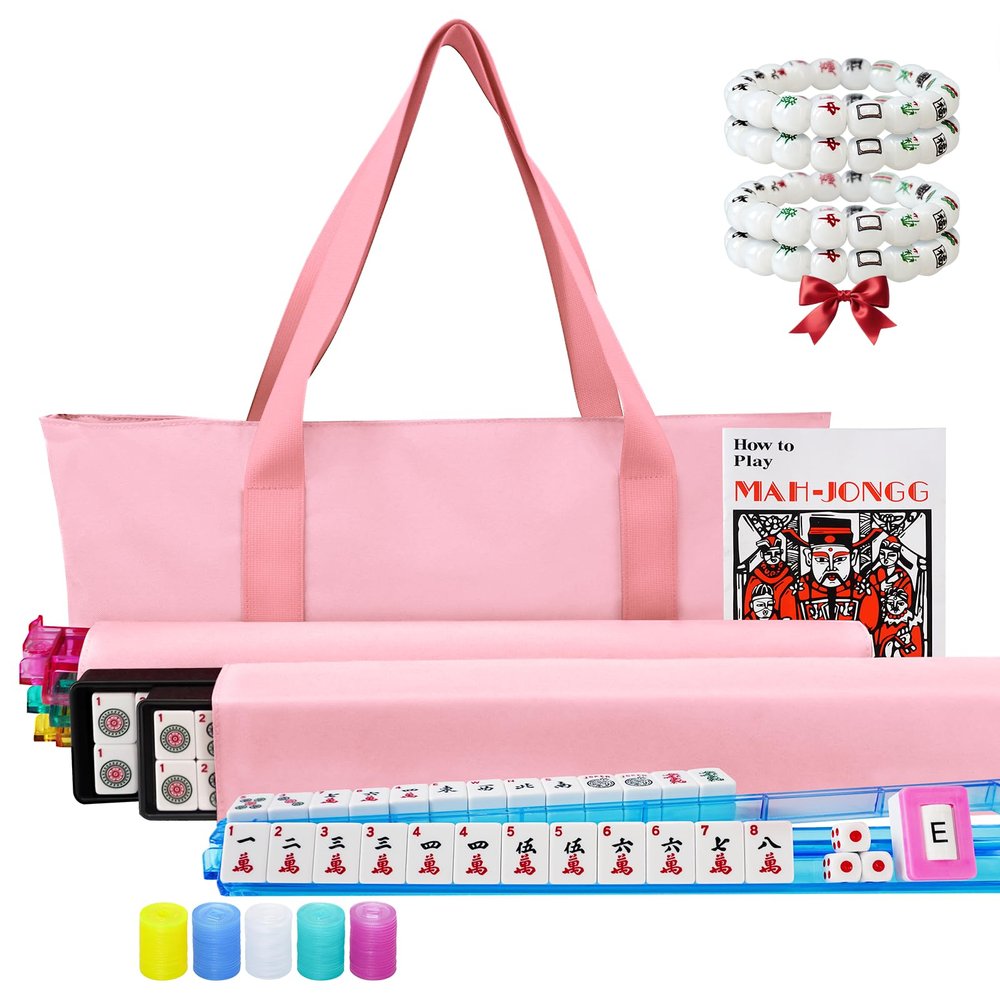 AzulHome American Mahjong Game Set with Pink Carrying Bag,166 Premium White Tiles (1.2''), All-in-One Color Rack/Pushers, Chips, Wind Indicator, Manual, Complete Mah jongg, Mahjong Tiles Set (Pink)