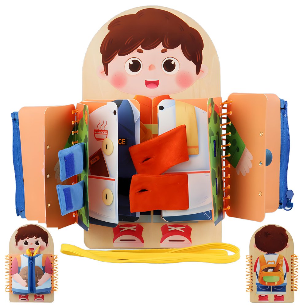 Haugboag Toddler Busy Board,5 Themes Wooden Montessori Baby Toy for Boys with Buckle