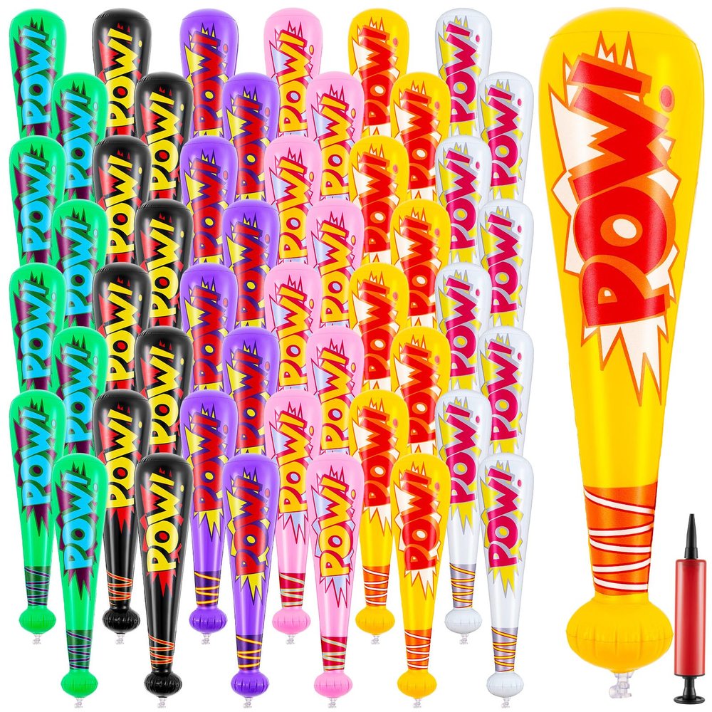 WILLBOND 17 Inch Inflatable Baseball Bat Bulk Baseball Party Favors Decorations, Inflatable Blow up Bat with 1 Pump for Party Supplies Carnival Prizes(48 Pcs,Yellow Pink Green Black Purple and White)