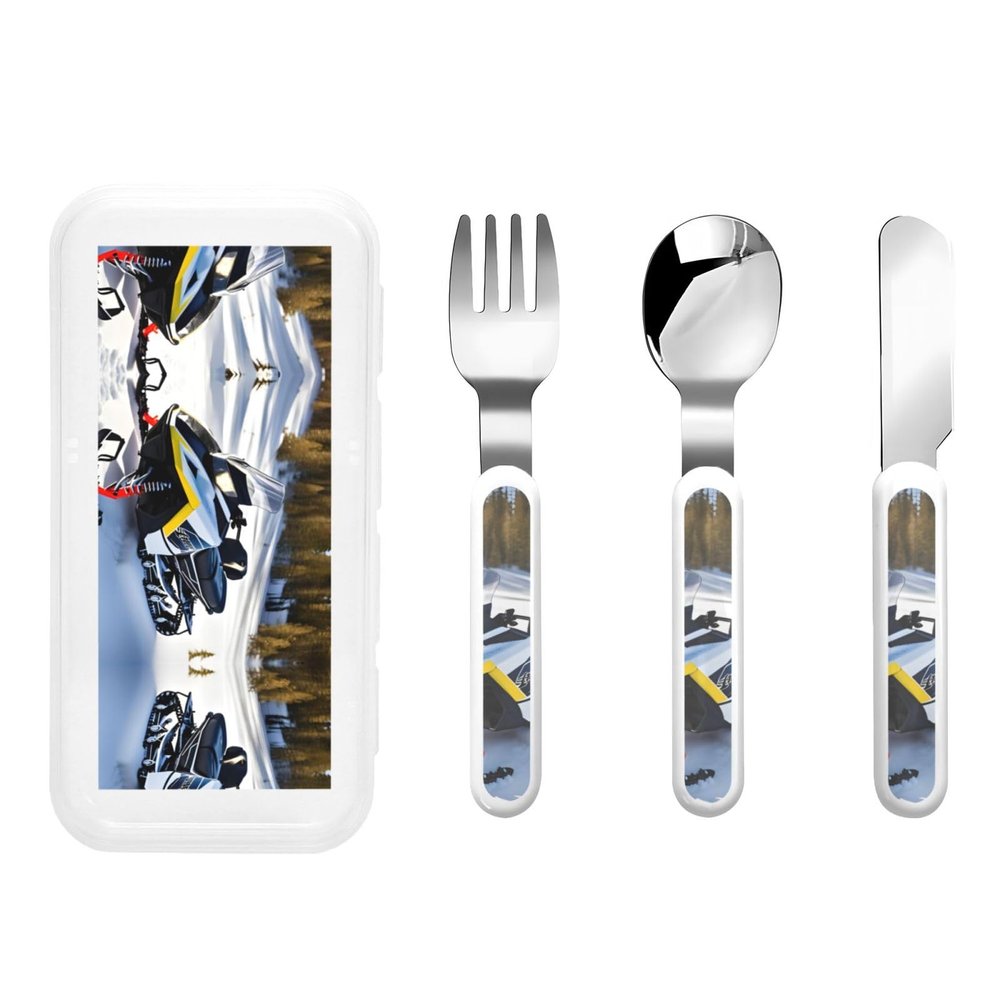 Advanced Snowmobile Patterned portable children's tableware 3-piece set | Reusable knife, fork and spoon set