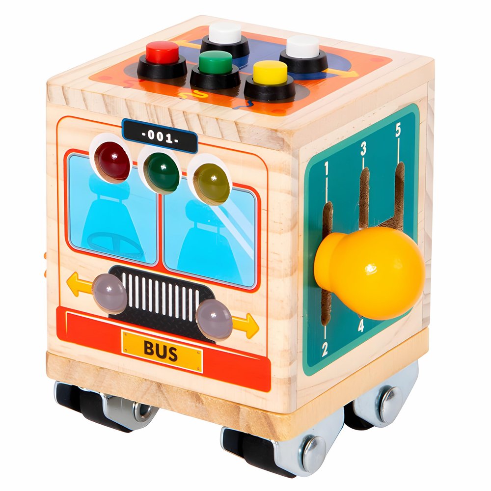 Haugboag Wooden Activity Cube for Baby,Bus Busy Cube Montessori Travel Toys for Toddler 1 Year Old