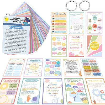 Affrolling 72 Pcs Anxiety Coping Skill Cards Social Anxiety Relief & Self Care Flashcard with Metal Binder Rings Coping Strategy Therapy Cards for Family University and Office (4.3 x 3.2 Inches)