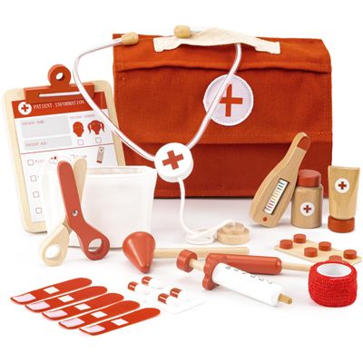 Wooden Doctor Play Set for Toddlers - A Complete Durable Pretend Play Medical Kit for Kids 3-5 with Realistic, Non-Toxic Tools & Carrying Case (Red)