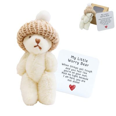 AGWIM Tiny Bear in a Box, Handmade Mini Plush Teddy Bear, My Little Worry Bears with Hat and Support Card, Stuffed Get a Hug Pocket Teddy Keepsake for Lovers (White)