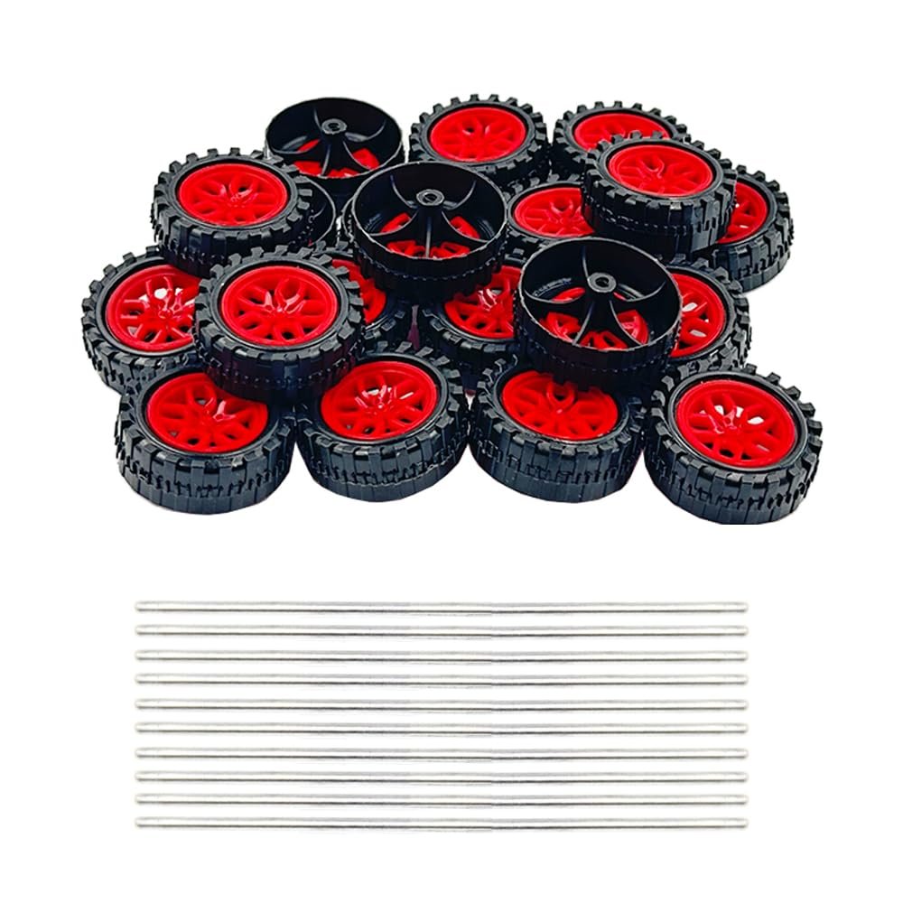 20PCS Toy Car Wheels Model Car Plastic Wheels with 10PCS Shaft Round Rod Axles for RC Car Truck Robot DIY Model Toy Building Accessories (2x11x30mm Red)