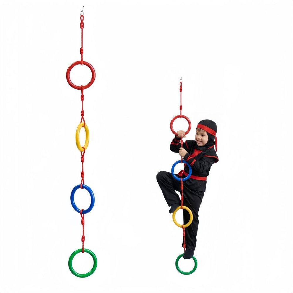 Ymeibe Kids Climbing Rope with 4 Colorful Plastic Rings - 6.6ft Outdoor/Indoor Playground Backyard Exercise Equipment with Non-Slip Textured Rings