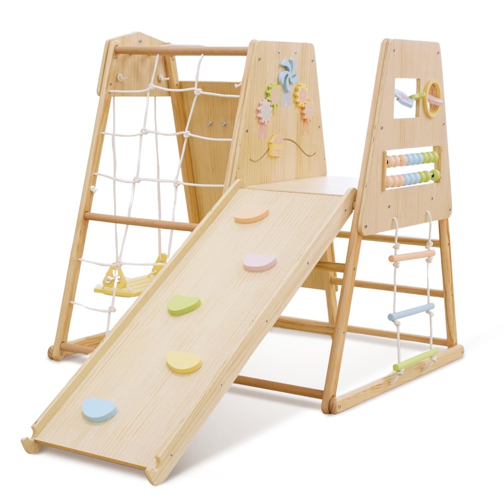 Avenlur Cherry 5-in-1 Wooden Indoor Climber  Montessori Toddler Play Gym with Slide, Rock Wall, Rope Ladder, Sensory Panel & Swing  Indoor Playground for Kids Ages 18 Months to 5 Years
