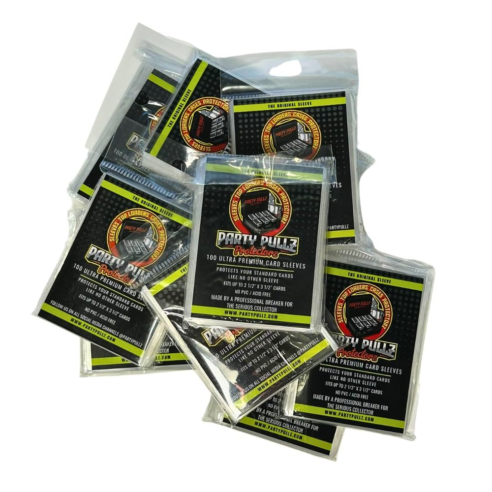 Party Pullz Protectorz Original Sleeves - 10pk - 1000 Ultra Clear, 2mm and Easy Glide Open Sleeves. Fits Standard Cards and up to 79 Point memoabilia Cards. Fits Sports Trading and TCG Cards. (10)