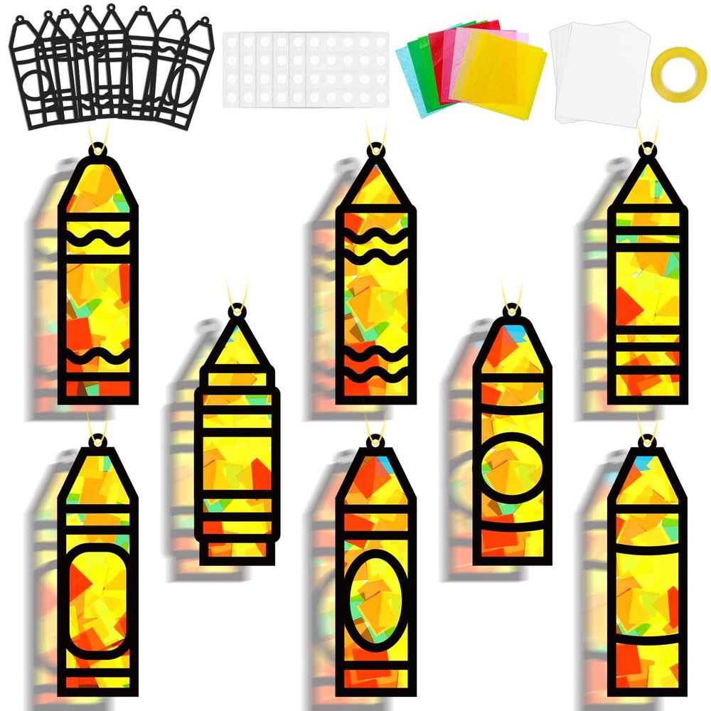 32 Sets Back to School Crayon Suncatchers Craft Kit DIY Window Stained Glass Effect Crayons Paper Crafts for Home School Classroom Decoration Kid Birthday Gifts Creative Art Projects Activity Game
