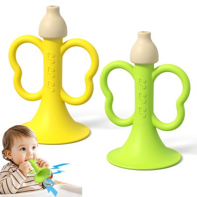 GeeKiPrime Baby Trumpet Toy 6-12 Months, Silicone Baby Horn Blowing Toy with 2PCS Yellow Green for Teething Sensory Play, Infant Easy Grip Teether Whistle Toys 0-6 Months, Toddlers Newborn Gift