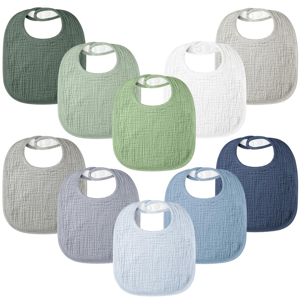 100% Cotton Muslin Baby Bibs 10-Pack Baby Drool Bibs for Unisex Baby Toddlers Infant Newborns Drooling and Teething(Blue Green)