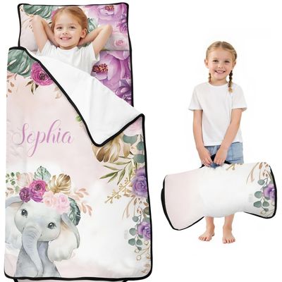 Personalized Toddler Nap Mat with Name Custom Elephant Sleeping Bag with Pillow & Blanket for Girls Ideal Slumber Bags for Daycare, Preschool & Kindergarten