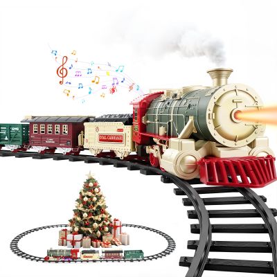 Luxspire Christmas Train Set with Smoke, Lights, and Sound, Classic Electric Train Set Around The Tree, Toy Holiday Decoration for 3 4 5 6 7 8+ Years Old Kids, Green
