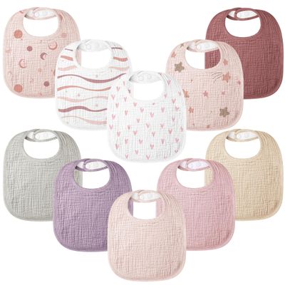 100% Cotton Muslin Baby Bibs 10-Pack Baby Drool Bibs for Unisex Baby Toddlers Infant Newborns Drooling and Teething(Pink Print)