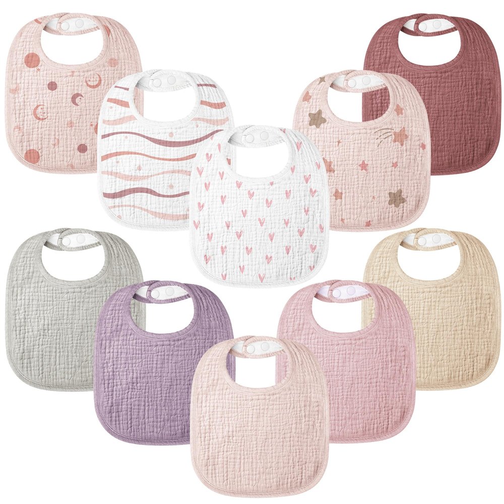 100% Cotton Muslin Baby Bibs 10-Pack Baby Drool Bibs for Unisex Baby Toddlers Infant Newborns Drooling and Teething(Pink Print)