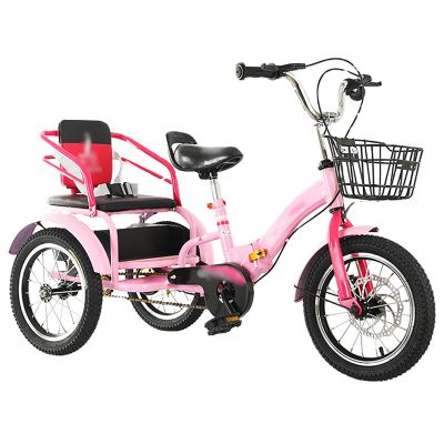 Folding Single Speed Three Wheel Tricycle 200kg Weight Capacity, 20in 18in 16in 14in Child 3 Wheel Bike with Adjustable Height Seat & Handle, Double Bicycle Two-seater for Boys/ Girls(Pink,20in)