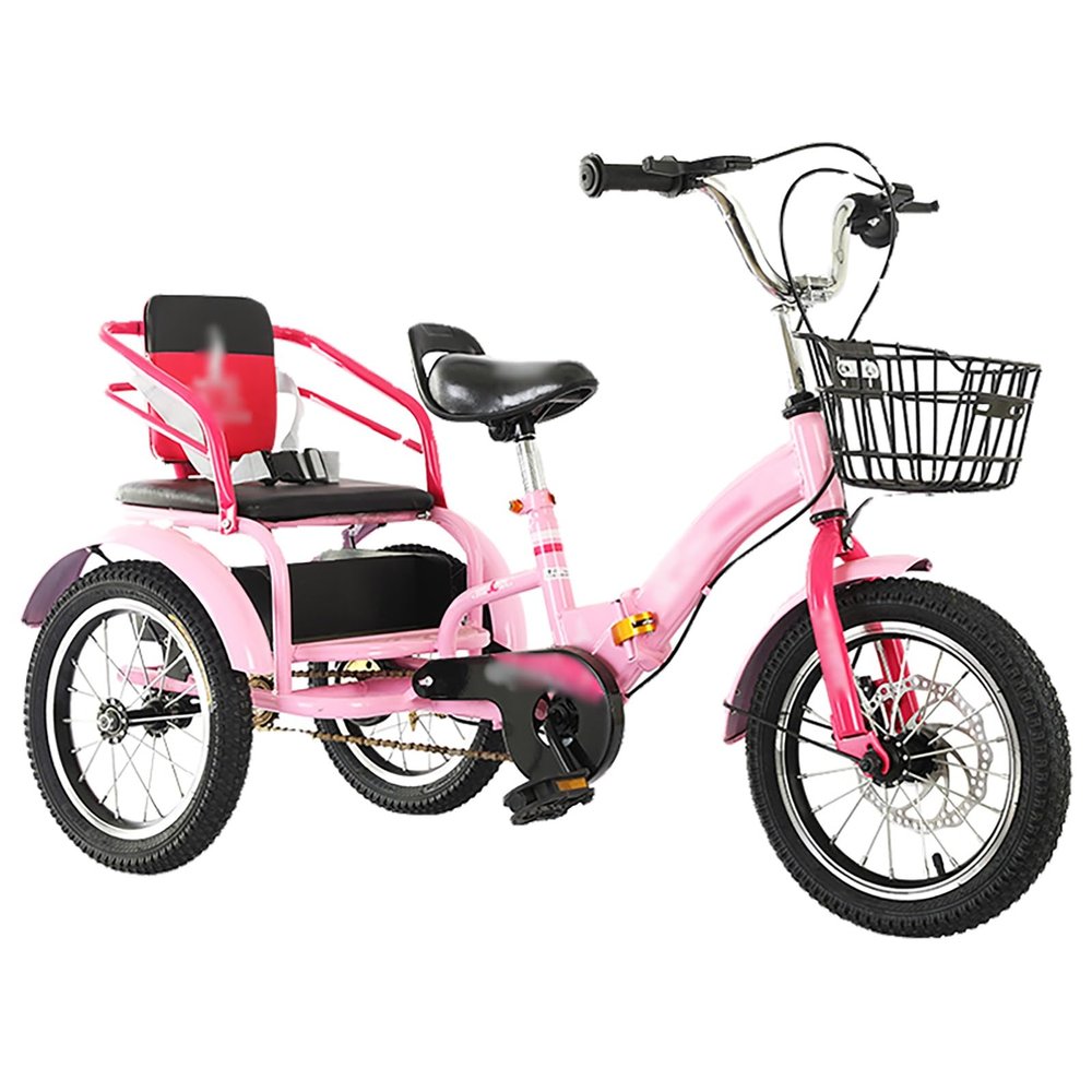 Folding Single Speed Three Wheel Tricycle 200kg Weight Capacity, 20in 18in 16in 14in Child 3 Wheel Bike with Adjustable Height Seat & Handle, Double Bicycle Two-seater for Boys/ Girls(Pink,20in)