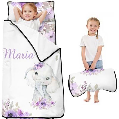 Personalized Toddler Nap Mat with Name Custom Elephant Sleeping Bag with Pillow & Blanket for Girls Ideal Slumber Bags for Daycare, Preschool & Kindergarten