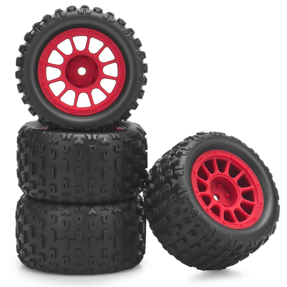 1/18 RC Wheels and Tires, daitoku 4PCS 12mm Hex RC Monster Truck Tires for ARRMA Granite 1/18 Granite Typhon WLtoys A949 MJX Hyper Go H16 (Red)
