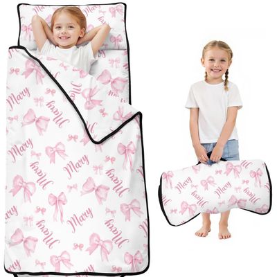 Personalized Toddler Nap Mat with Name Custom Pink Bow Sleeping Bag with Pillow & Blanket for Girls Ideal Slumber Bags for Daycare, Preschool & Kindergarten