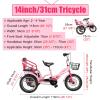 3 - 11 Age Tricycle Rickshaw Single Brake on Front Wheel, Cruiser Tricycles/ Tandem Trike Bike with Back Seat & Basket, Toddler/ Kids/ Childs Heavy Duty 3 Wheels Bicycle Foldable Portable(Pink,14in) view 2