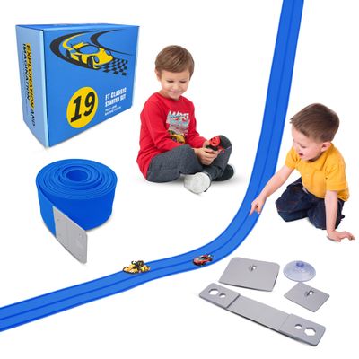 18Ft Flexible Race Track for Kids, with Three Types of Hooks,Monster Blue Truck Ramp with Suction Cups - Rolls Up Portable DIY Racetrack Compatible with Diecast 1/64th Cars Model